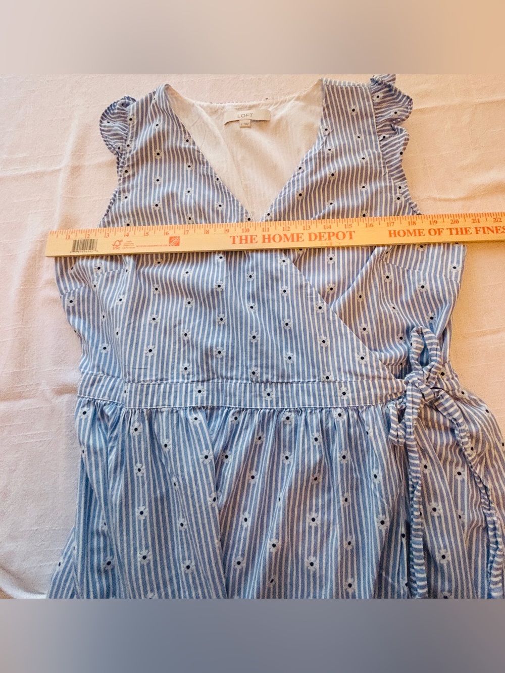 LOFT Light Blue & White Striped Midi Wrap Dress with Ruffle Sleeves Women’s L - Picture 8 of 11